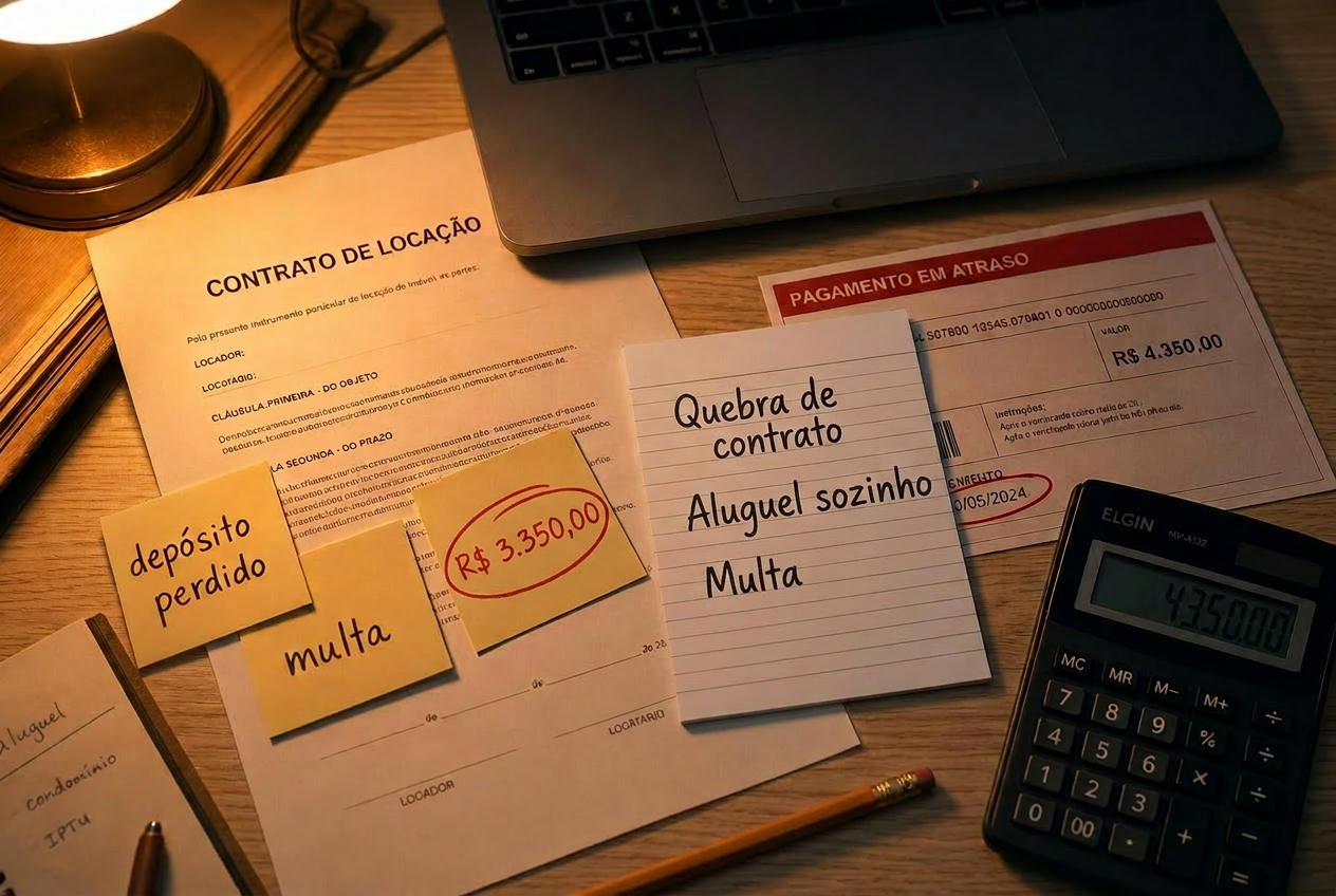 Contrato de locação, calculadora, boleto em atraso e valor de R$ 4.350,00 destacado